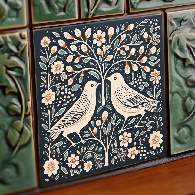 Birds and Tree of Life Blue Orange Art Nouveau Tile (Creator Uploaded)