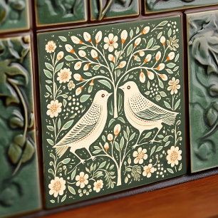 Birds and Tree of Life Green Art Nouveau Tile