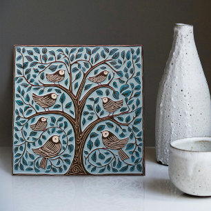 Birds and Tree of Life Muted Blue Art Nouveau Tile