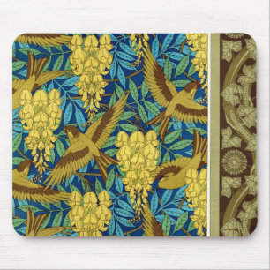 Birds and wisteria Verneuil blue brown yellow Mouse Pad