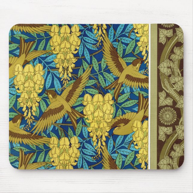 Birds and wisteria Verneuil blue brown yellow  Mouse Pad (Front)