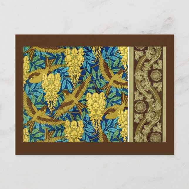 Birds and wisteria Verneuil blue brown yellow  Postcard (Front)