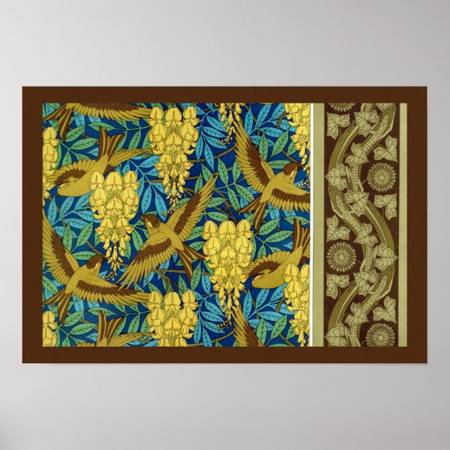 Birds and wisteria Verneuil blue brown yellow  Poster (Front)