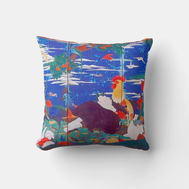 Birds, Animals, and Flowering Plants(Left) Jakuchū Throw Pillow (Front)