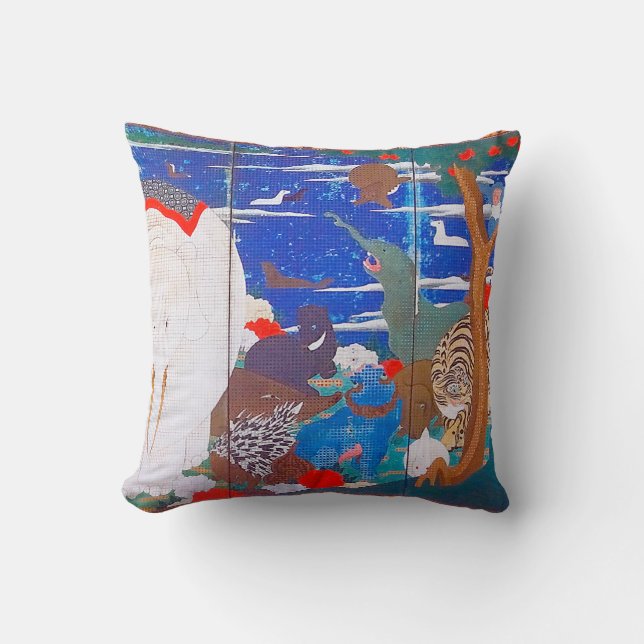 Birds, Animals, and Flowering Plants(Right)Jakuchu Throw Pillow (Front)