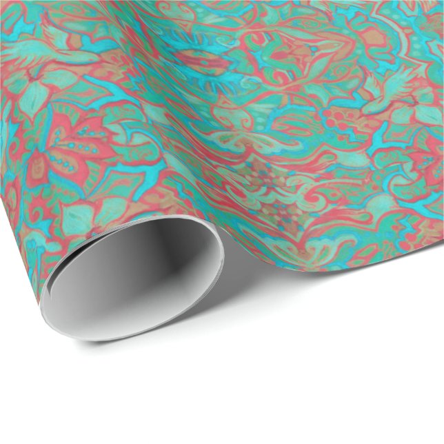 Birds Arabesque Bohemian Boho Turquoise Pattern Wrapping Paper (Roll Corner)