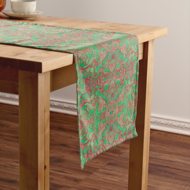 Birds Arabesque Bohemian Pattern Turquoise Pink Short Table Runner (In Situ)