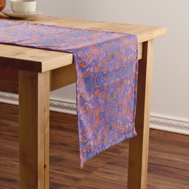 Birds Arabesque Oriental Bohemian Boho Blue Orange Short Table Runner (In Situ)