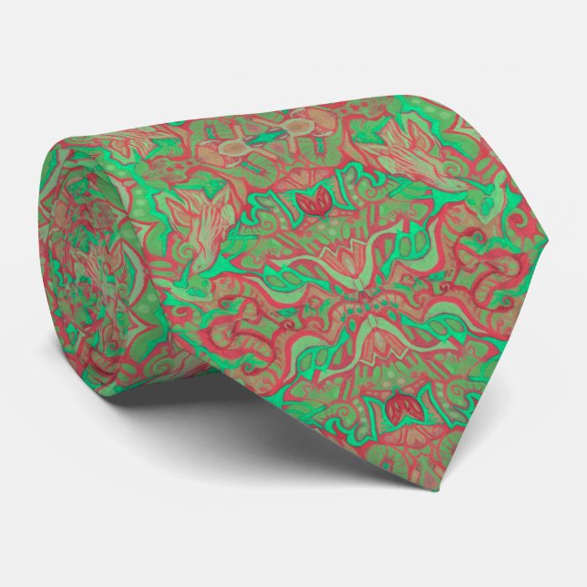 Birds Arabesque Oriental Bohemian Boho Red Green Tie (Rolled)