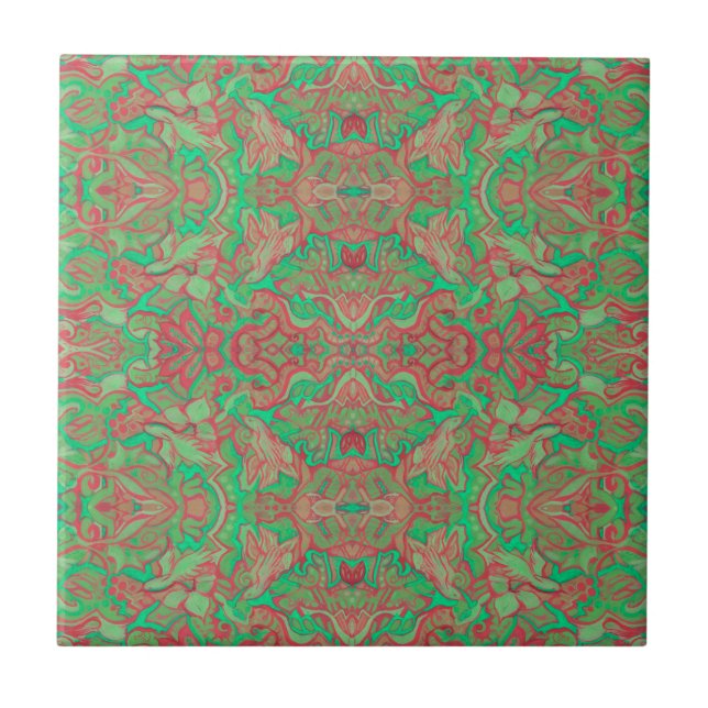 Birds Arabesque Oriental Bohemian Boho Red Green Tile (Front)
