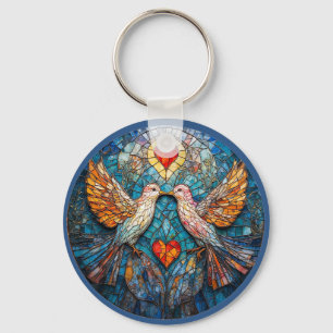 Birds Artistic Mosaic and Hearts Displaying Love Keychain