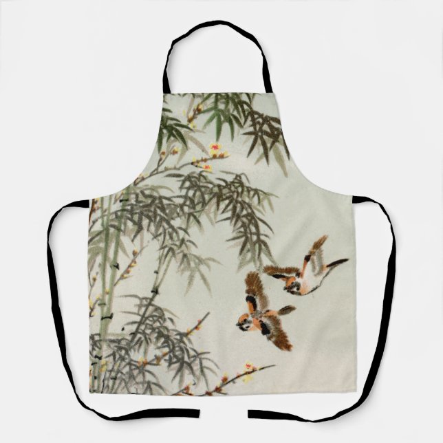 Birds Bamboo Asian Japanese Vintage Apron (Front)