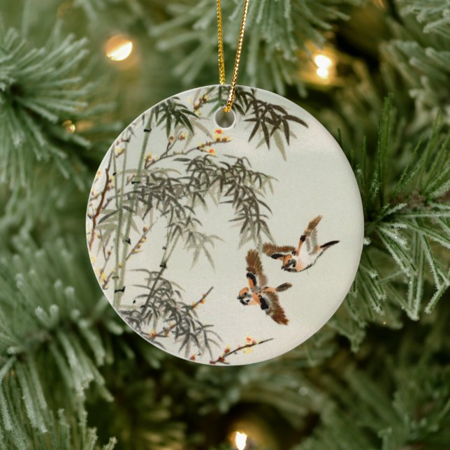 Birds Bamboo Asian Japanese Vintage Ceramic Ornament (Tree)