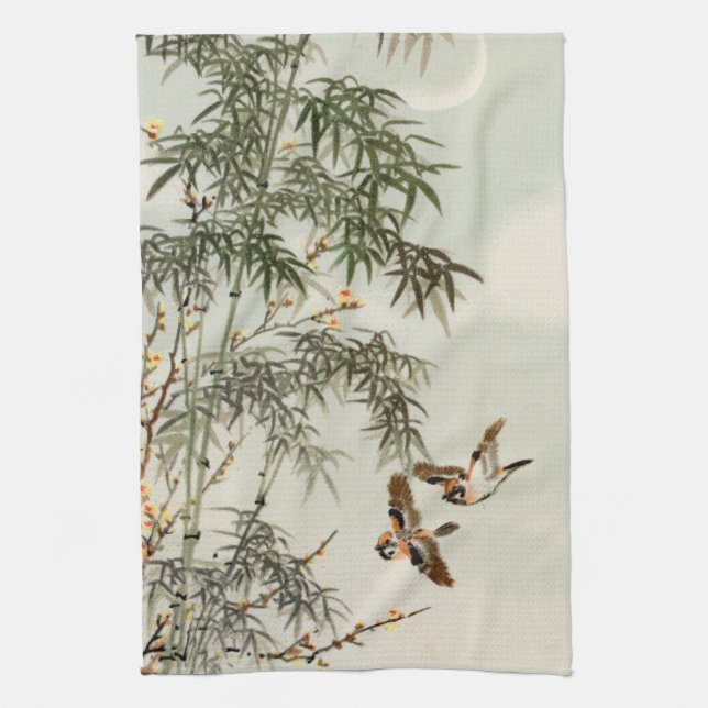 Birds Bamboo Asian Japanese Vintage Kitchen Towel (Vertical)