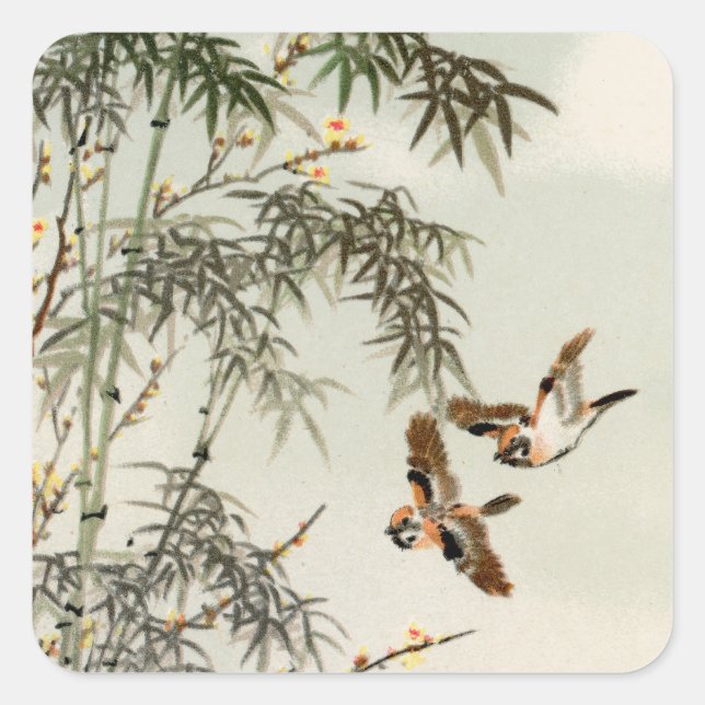 Birds Bamboo Asian Japanese Vintage Square Sticker (Front)