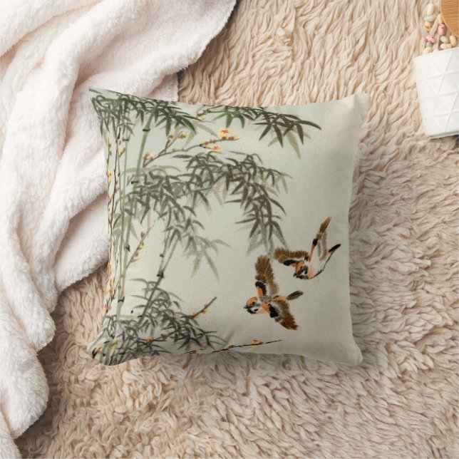 Birds Bamboo Asian Japanese Vintage Throw Pillow (Blanket)