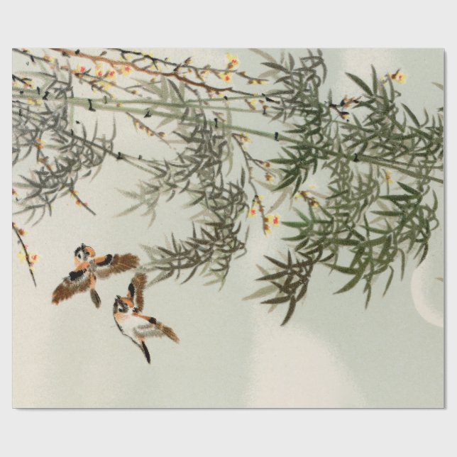 Birds Bamboo Asian Japanese Vintage Wrapping Paper (Flat)