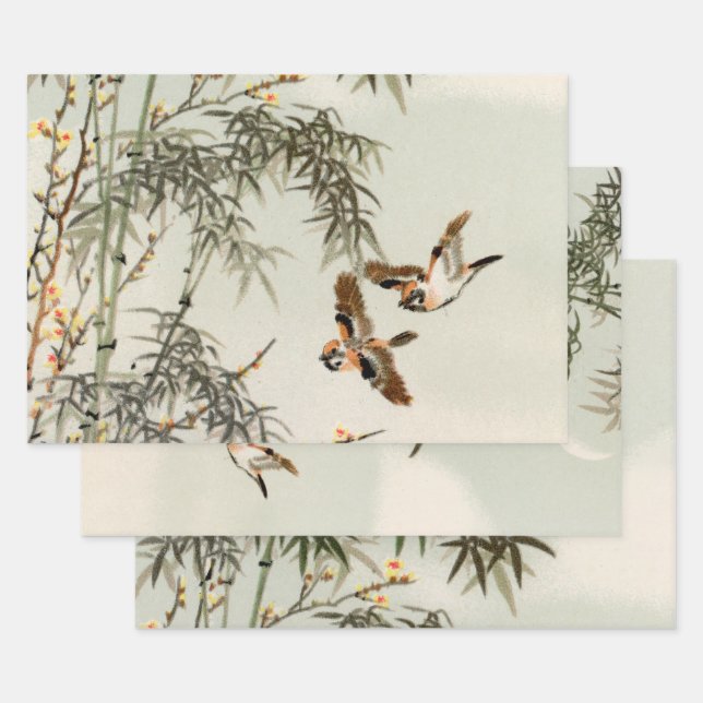 Birds Bamboo Asian Japanese Vintage Wrapping Paper Sheet (Set)