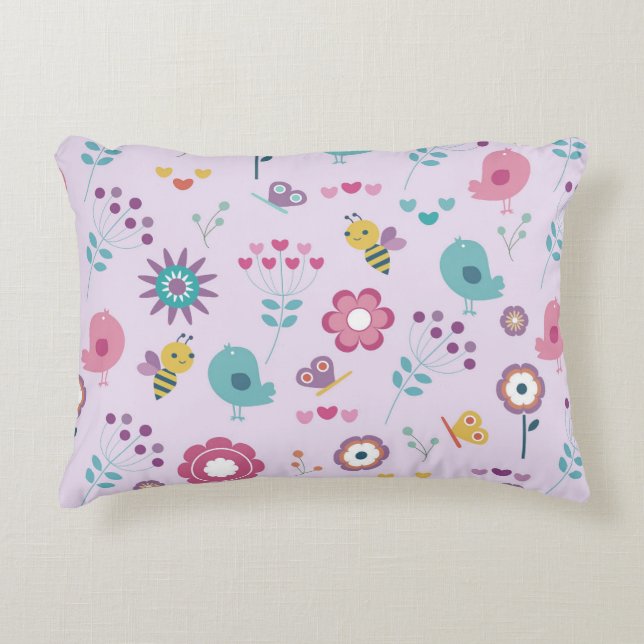 Birds, Bees, and Butterflies Floral Accent Pillow (Front)