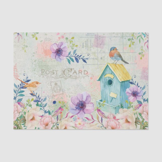 Birds, Birdhouse, Text, and Florals Collage Tissue Paper (Front)