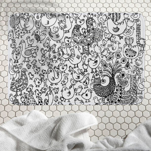 Birds Black and White Hand Drawn Contemporary Art Bath Mat