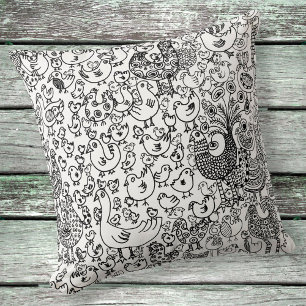 Birds Black and White Illustration Hand Drawn Art Throw Pillow