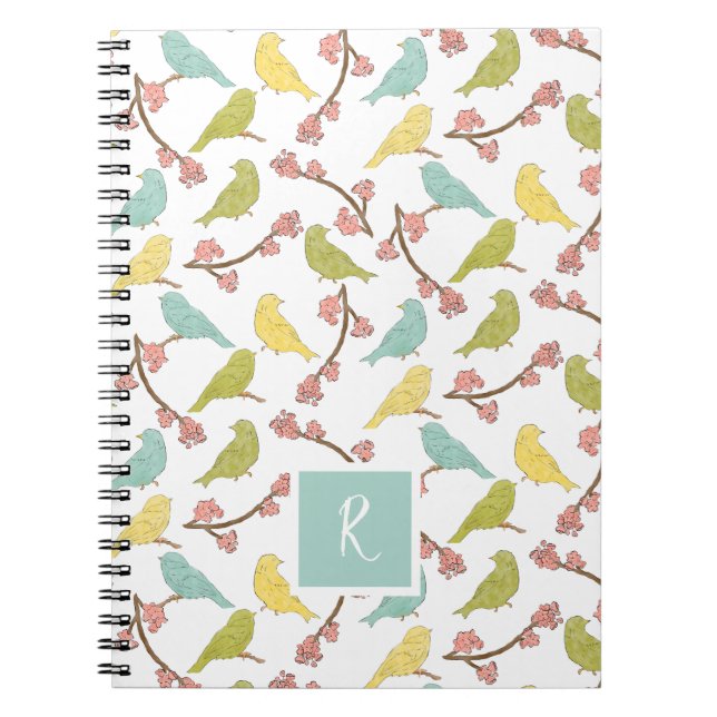 Birds & Blooms Watercolor Sketch Monogrammed Notebook (Front)