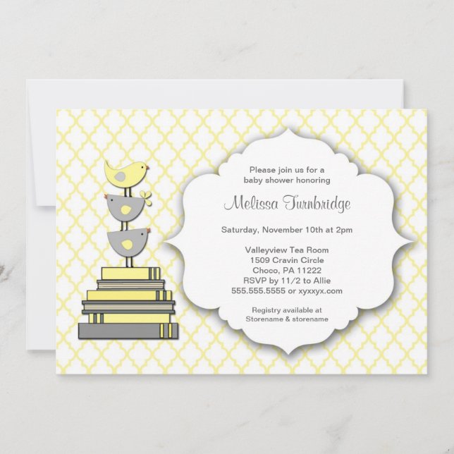 Birds Book Baby Shower Yellow and Grey Invites (Front)