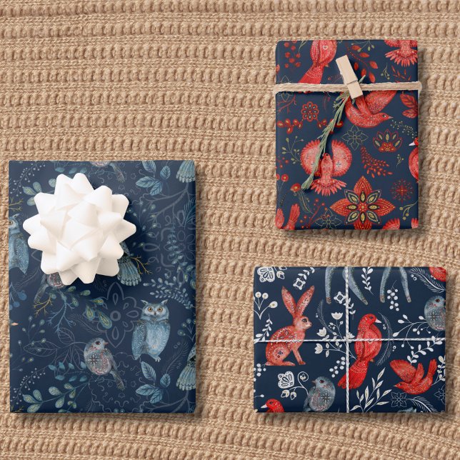 Birds Botanical Woodland Animals Blue Red Pattern Wrapping Paper Sheet (Birds Botanical Woodland Animals Blue and Red Pattern Wrapping Paper Sheets)