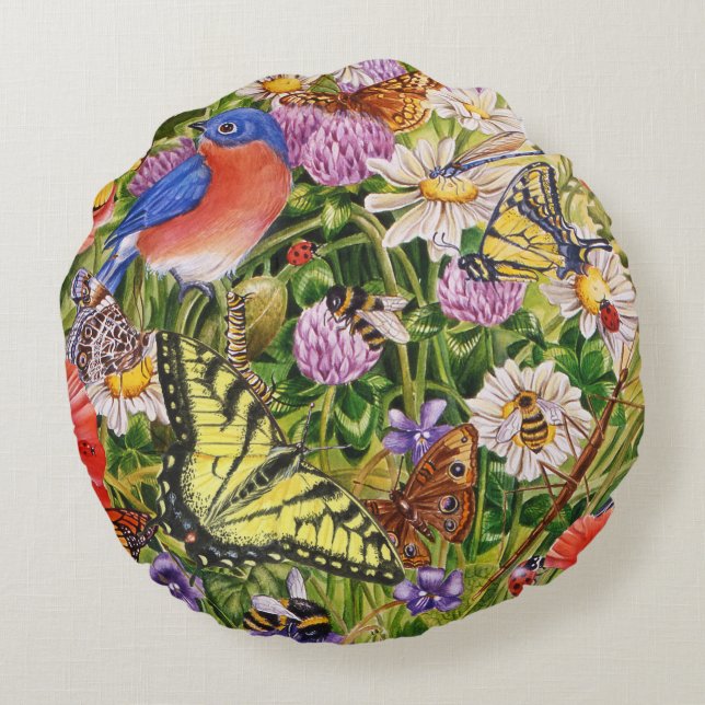 Birds, Butterflies and Bees Round Pillow (Back)