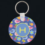 Birds, Butterflies & Ladybugs Flowers Initial Keychain<br><div class="desc">Cute flowers and insects pattern on custom background colour.</div>