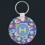 Birds, Butterflies & Ladybugs Flowers Initial Keychain<br><div class="desc">Cute flowers and insects pattern on custom background colour.</div>