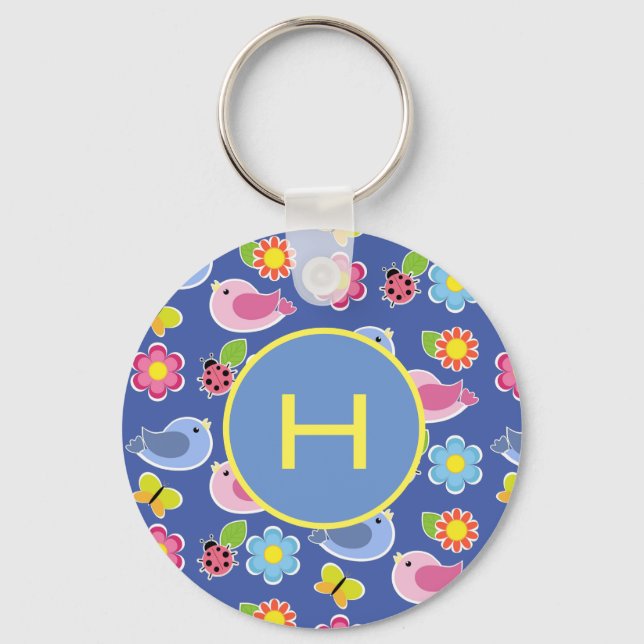Birds, Butterflies & Ladybugs Flowers Initial Keychain (Front)