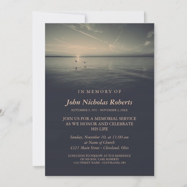 Birds by Ocean Sunrise | Charcoal Memorial Service Invitation (Front)