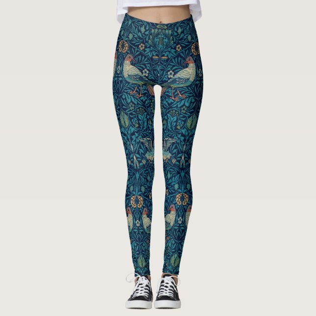 "Birds" by William Morris Blue Pattern Leggings (Front)