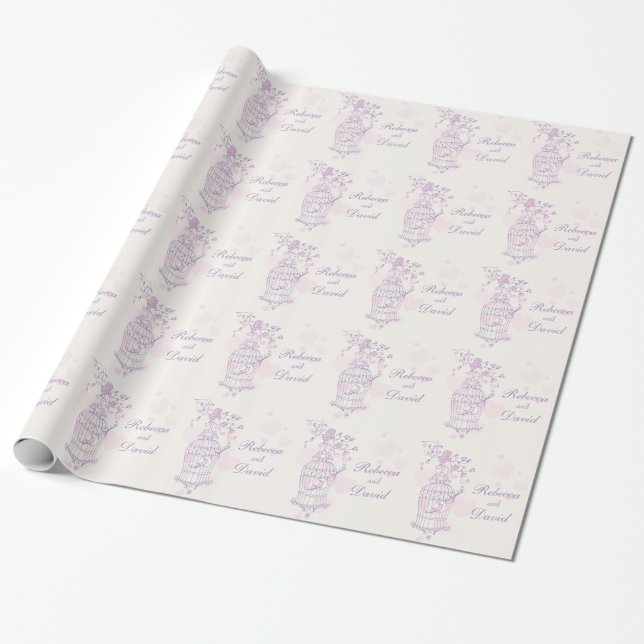 Birds cage purple pink wedding custom wrap wrapping paper (Unrolled)