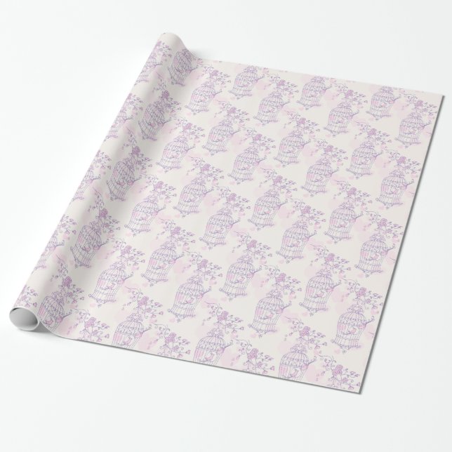 Birds cage purple pink wedding wrap wrapping paper (Unrolled)