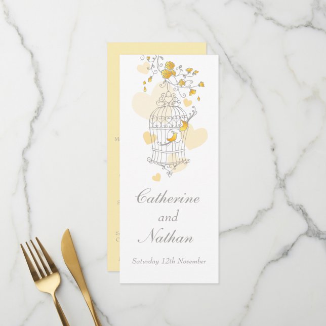 Birds cage yellow grey wedding dinner menu (Front/Back In Situ)