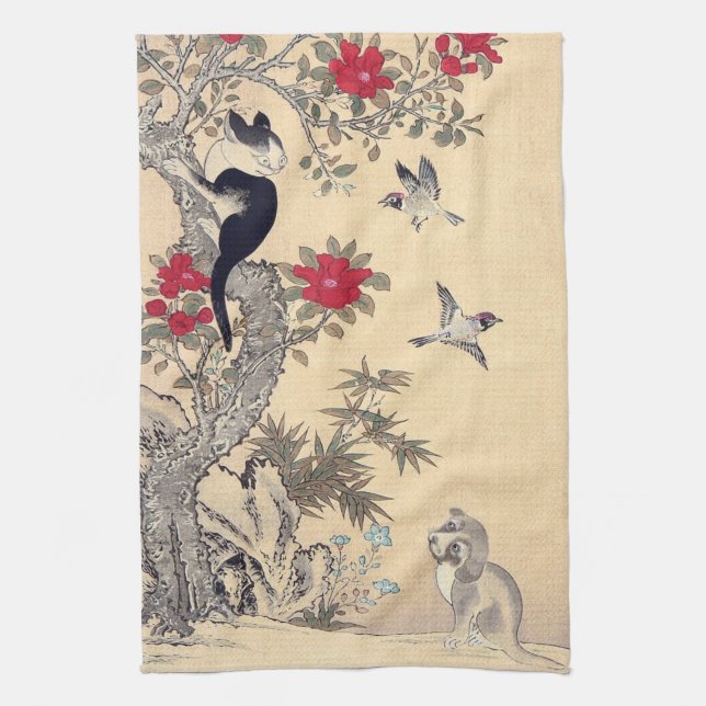 Birds, Cat and Dog, Itō Jakuchū Kitchen Towel (Vertical)