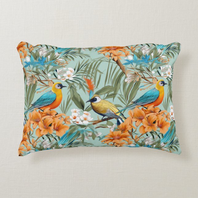 Birds Chinoiserie Mint Orange Accent Pillow (Front)