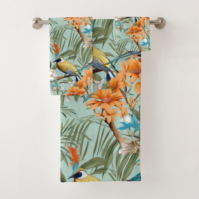 Birds Chinoiserie Mint Orange Bath Towel Set (Insitu)