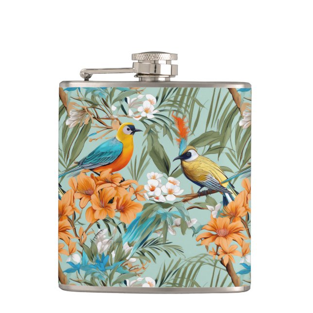 Birds Chinoiserie Mint Orange Hip Flask (Front)