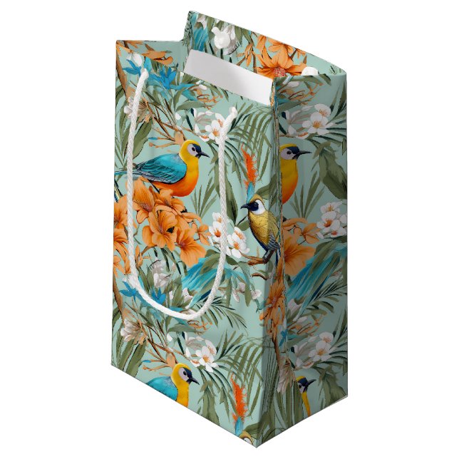 Birds Chinoiserie Mint Orange Small Gift Bag (Front Angled)