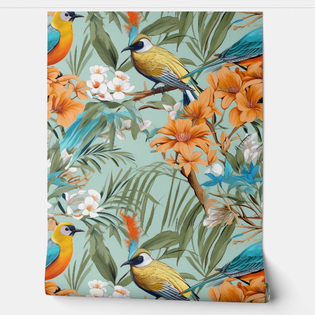 Birds Chinoiserie Mint Orange Wallpaper (Unrolling)