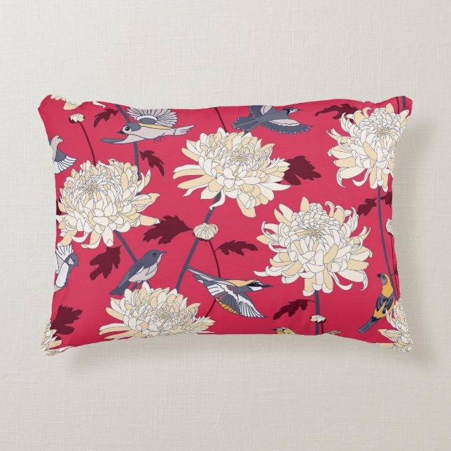 Birds & Chrysanthemums: Floral Vintage Accent Pillow (Front)