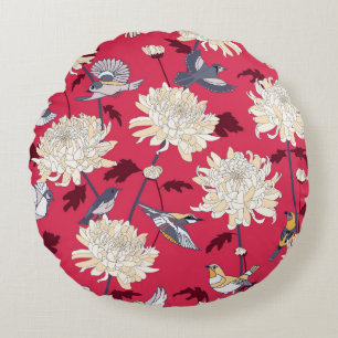 Birds & Chrysanthemums: Floral Vintage Round Pillow