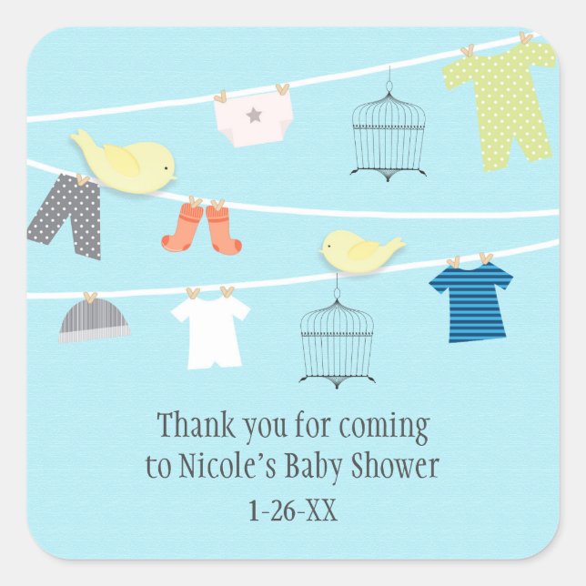 Birds & Clothes on Wire Baby Shower Favour Sticker (Front)