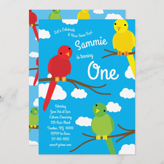 Birds Colourful 1st Birthday Invitations (Front/Back)