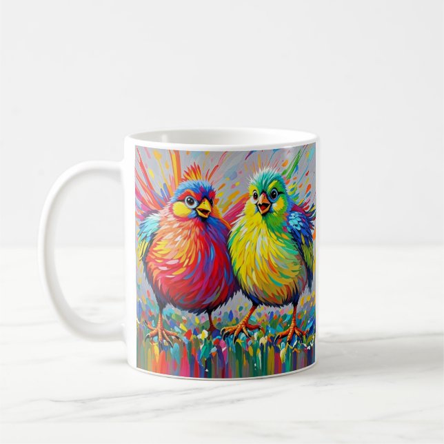 Birds colourful art abstract fat giant cute funny  coffee mug (Left)