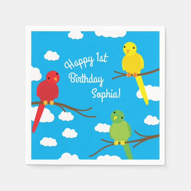 Birds Cute Colourful Spring 1st Birthday Napkin (Front)